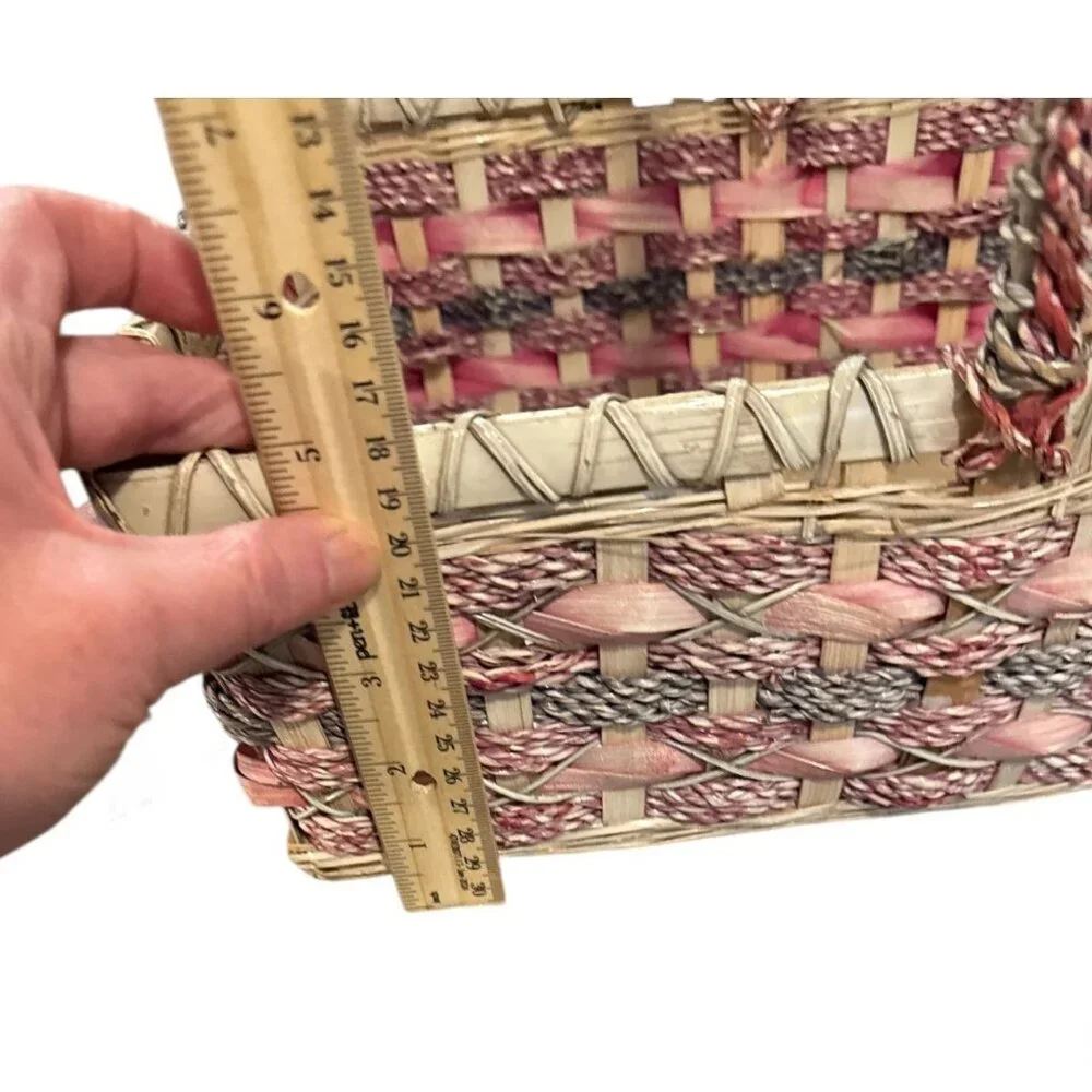 Woven Picnic Basket With Handle - Pink & Beige - 12